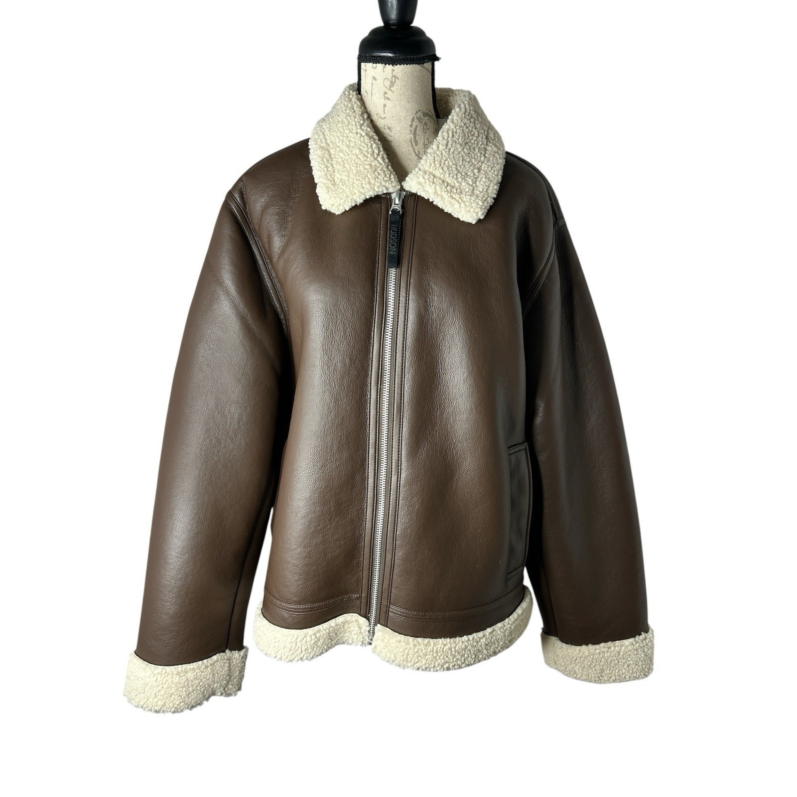 Hudson Jeans Faux Brown Shearling-Collar Bomber Jacket Xl. Nwt $238.00